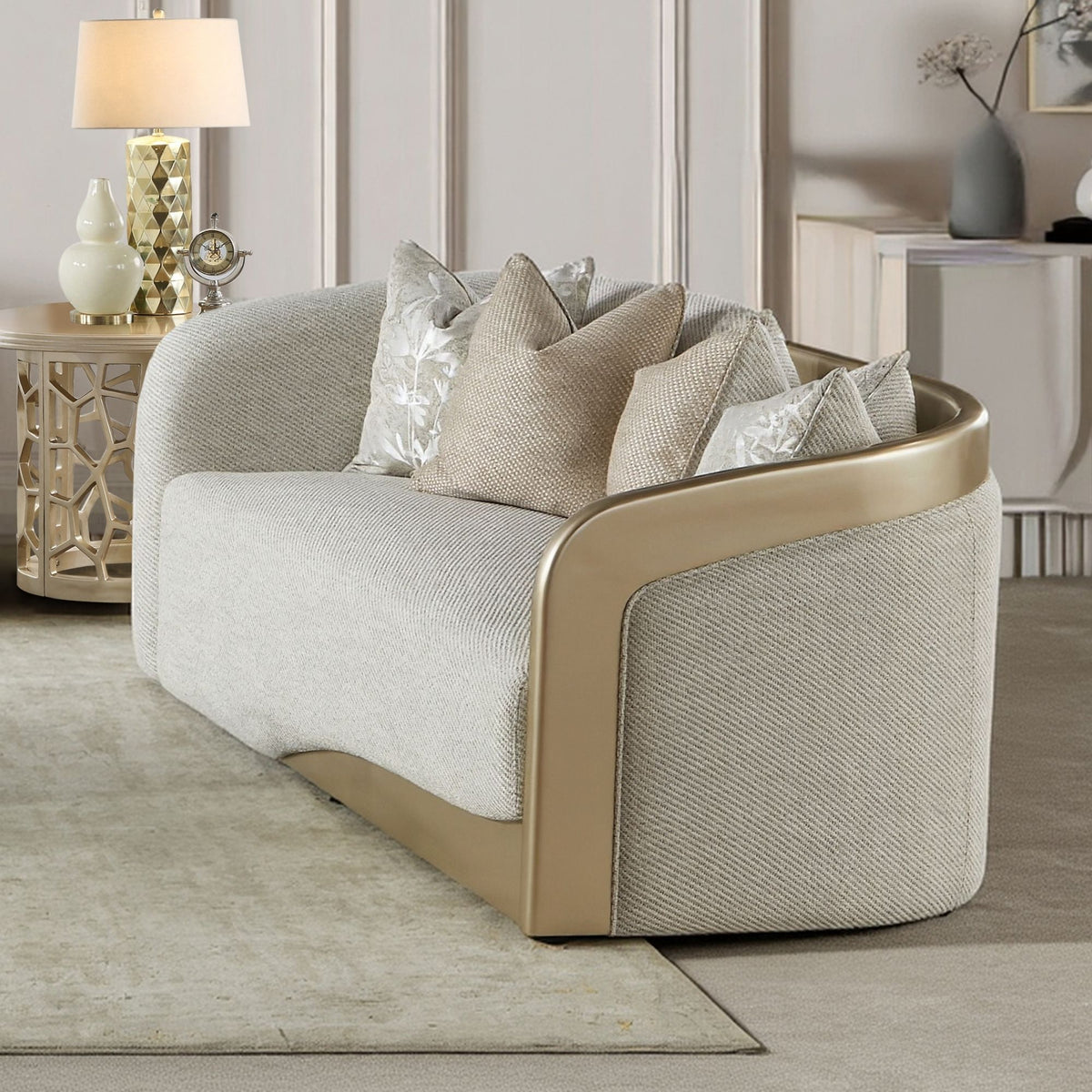 Beige Fabric 3-Piece Living Room Set with Rounded Arms and Gold-Tone Accents – HD-1053-3PC