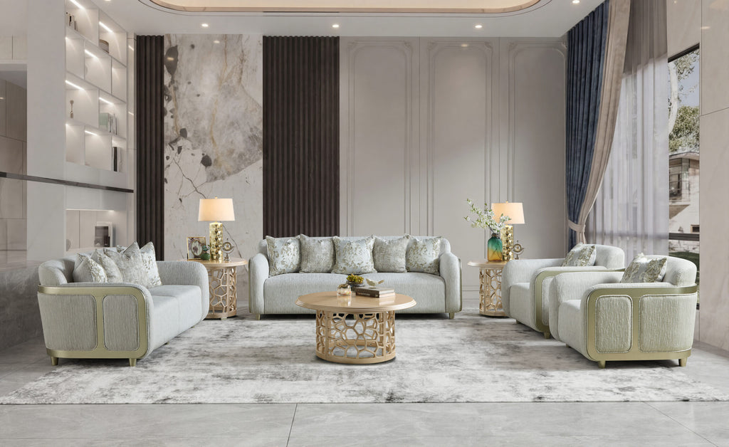 Beige Fabric 3-Piece Living Room Set with Rounded Arms and Gold-Tone Accents – HD-1068-3PC