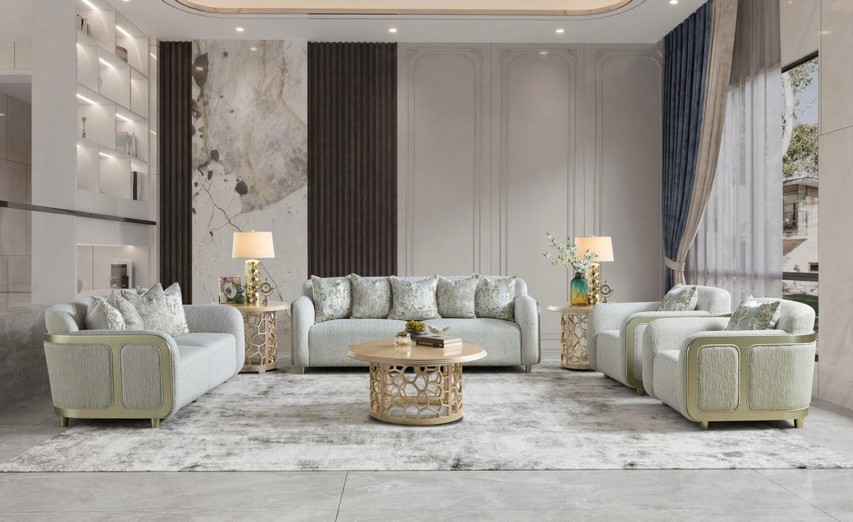 Beige Fabric 3-Piece Living Room Set with Rounded Arms and Gold-Tone Accents – HD-1068-3PC