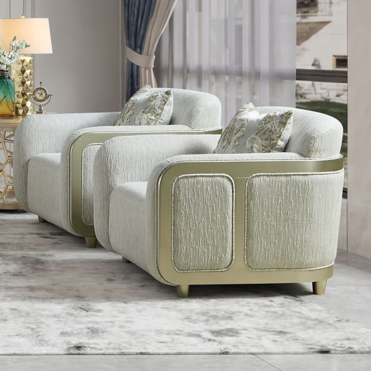 Beige Fabric 3-Piece Living Room Set with Rounded Arms and Gold-Tone Accents – HD-1068-3PC