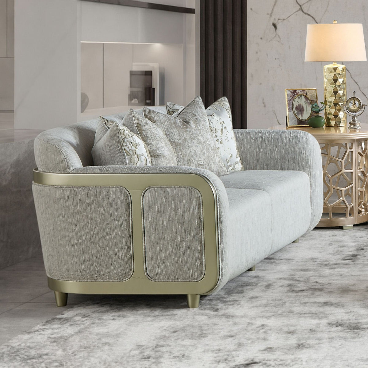 Beige Fabric 3-Piece Living Room Set with Rounded Arms and Gold-Tone Accents – HD-1068-3PC