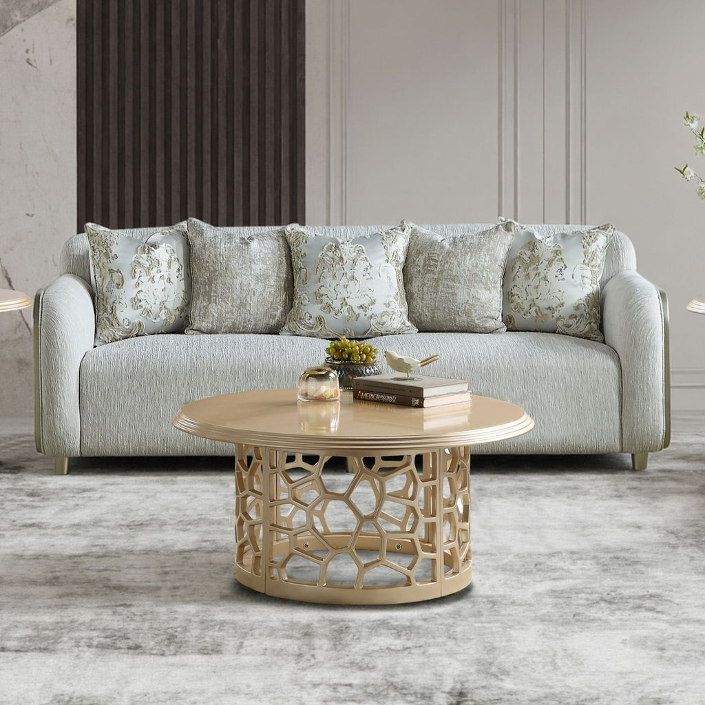 Beige Fabric 3-Piece Living Room Set with Rounded Arms and Gold-Tone Accents – HD-1068-3PC