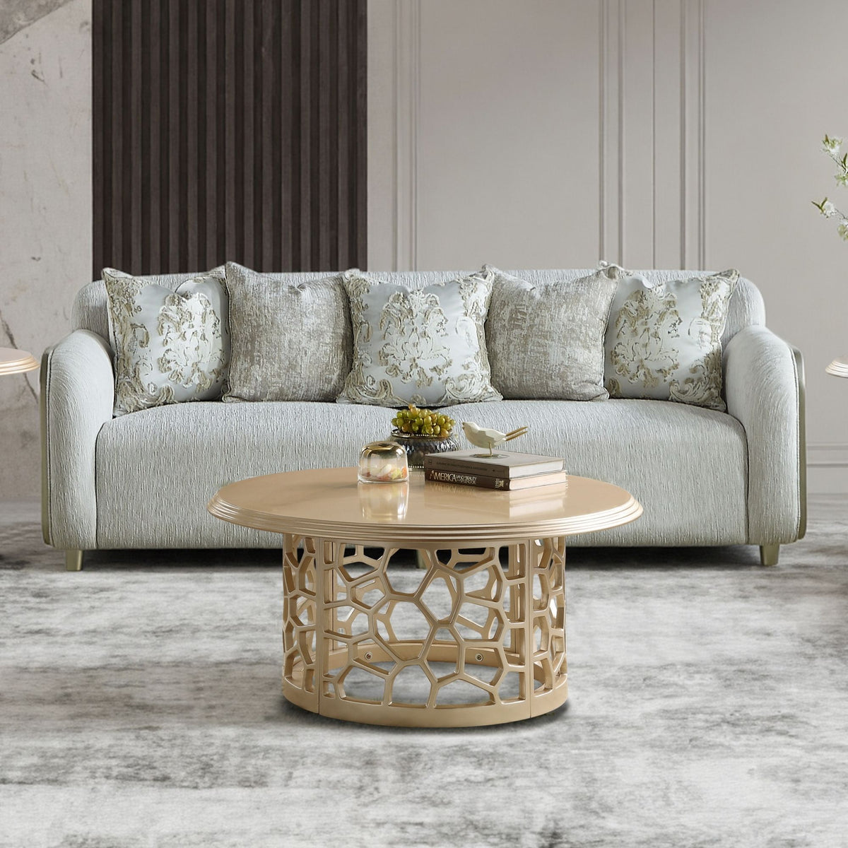 Beige Fabric 3-Piece Living Room Set with Rounded Arms and Gold-Tone Accents – HD-1068-3PC