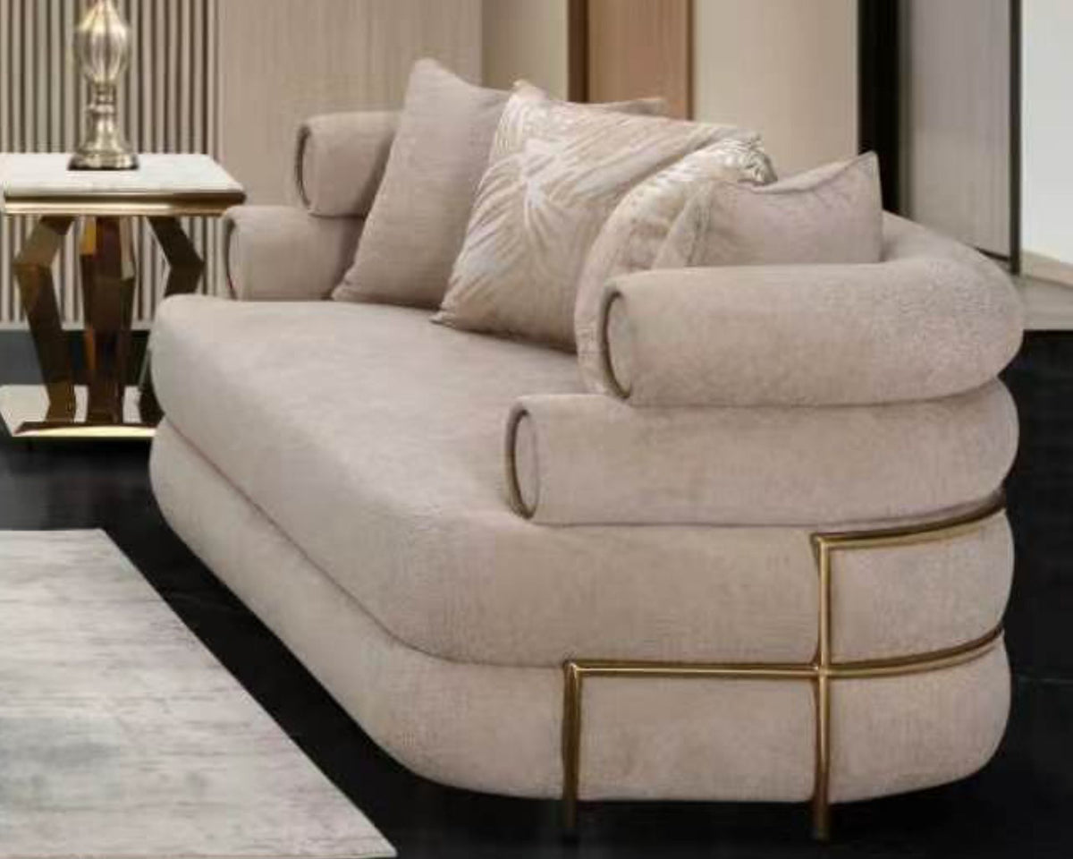 Beige Fabric 3-Piece Living Room Set with Tubular Back Design and Gold-Tone Accents – HD-3175-3PC