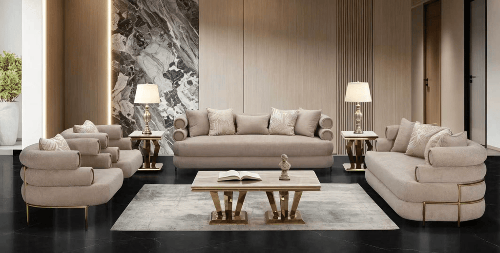 Beige Fabric 3-Piece Living Room Set with Tubular Back Design and Gold-Tone Accents – HD-3175-3PC