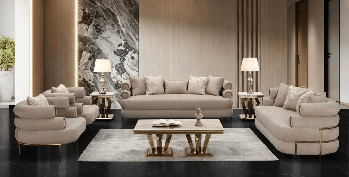 Beige Fabric 3-Piece Living Room Set with Tubular Back Design and Gold-Tone Accents – HD-3175-3PC