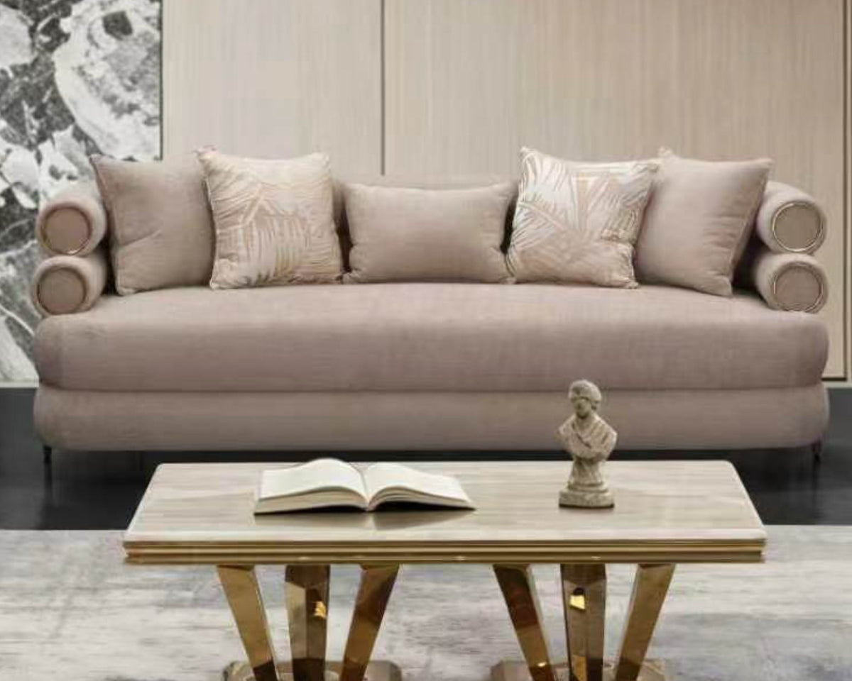 Beige Fabric 3-Piece Living Room Set with Tubular Back Design and Gold-Tone Accents – HD-3175-3PC