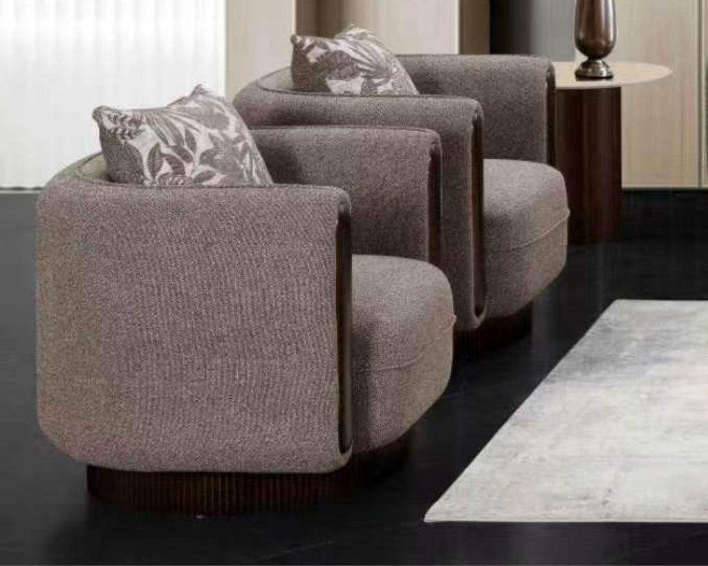 Grey Fabric 3-Piece Living Room Set with Rounded Design and Wood-Tone Accents – HD-3291-3PC