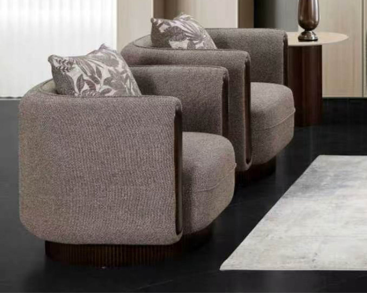 Grey Fabric 3-Piece Living Room Set with Rounded Design and Wood-Tone Accents – HD-3291-3PC