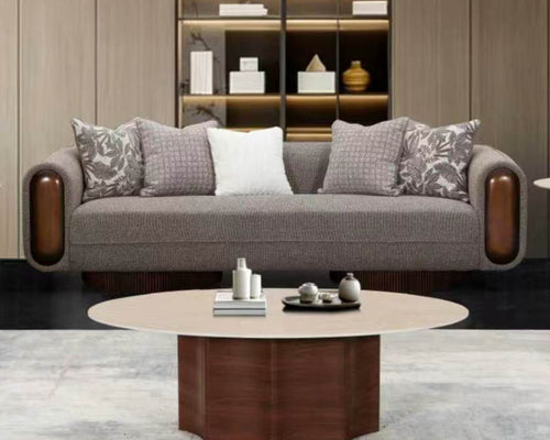 Grey Fabric 3-Piece Living Room Set with Rounded Design and Wood-Tone Accents – HD-3291-3PC