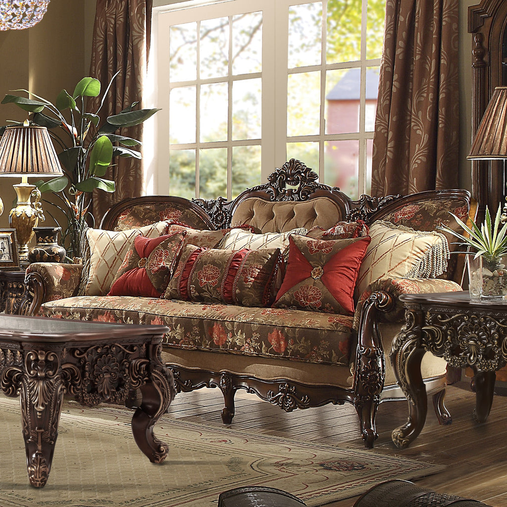 HD-39-3PC Dark oak wood finish and floral multi tone fabric upholstery ornate accents Sofa , love and chair living room set lark manor
