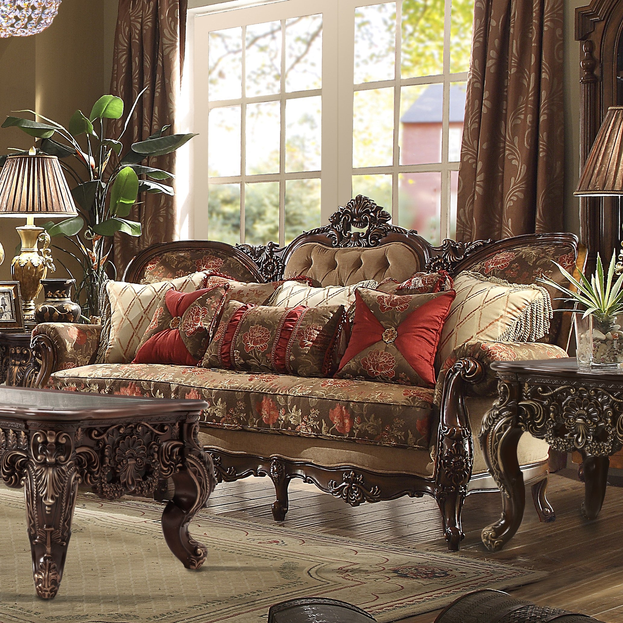 HD-39-3PC Dark oak wood finish and floral multi tone fabric upholstery ornate accents Sofa , love and chair living room set lark manor
