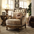 HD-506-AC Metallic antique gold perfect brown finish wood and multi tone fabric upholstery ornate accents accent chair lark manor