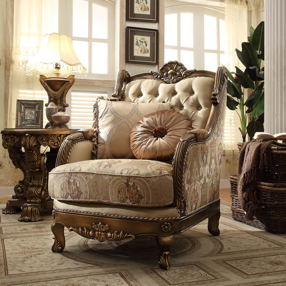 HD-506-AC Metallic antique gold perfect brown finish wood and multi tone fabric upholstery ornate accents accent chair lark manor