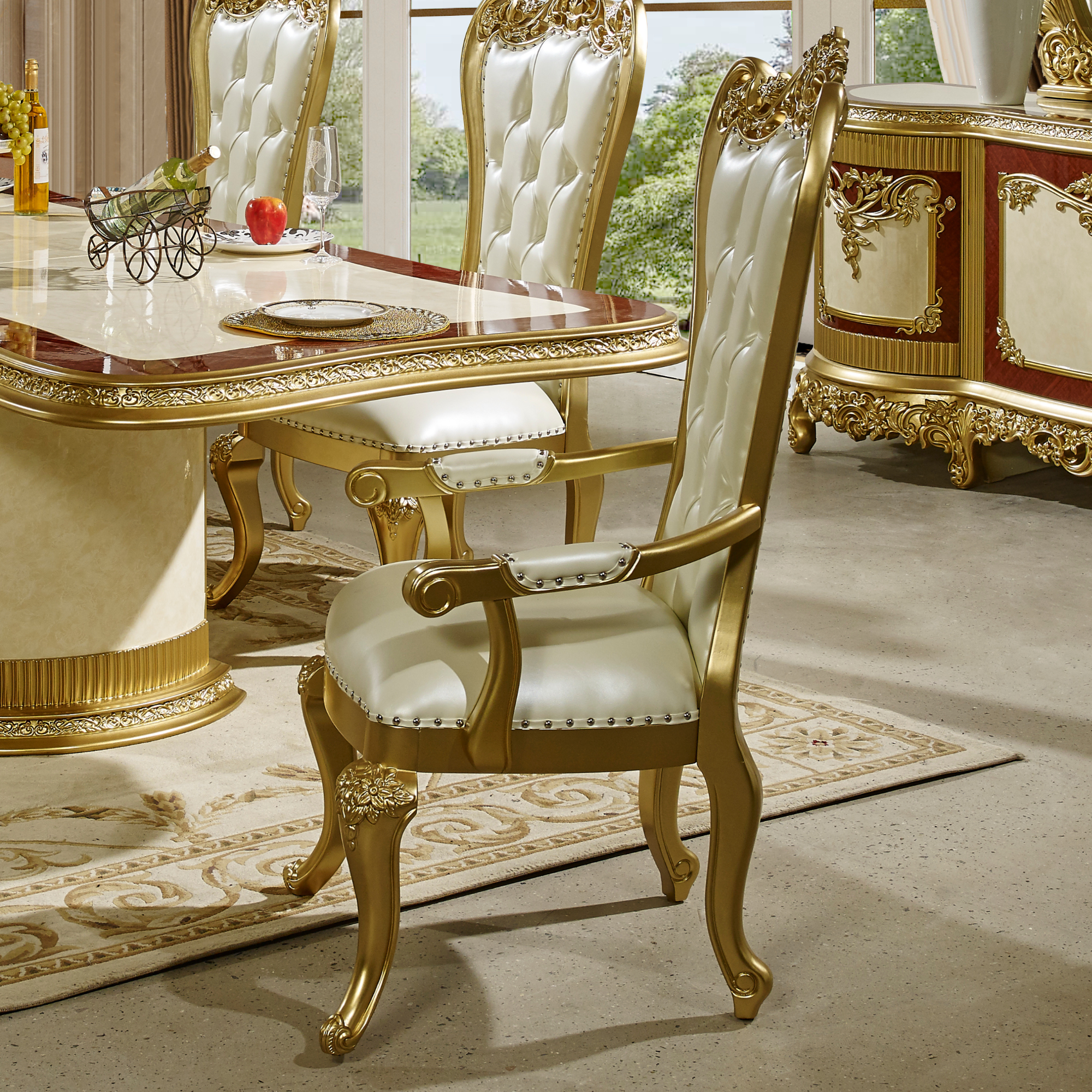 HD-5138-7PC Two tone ornate gold and cream finish top pedestal dining table set tufted high back chairs