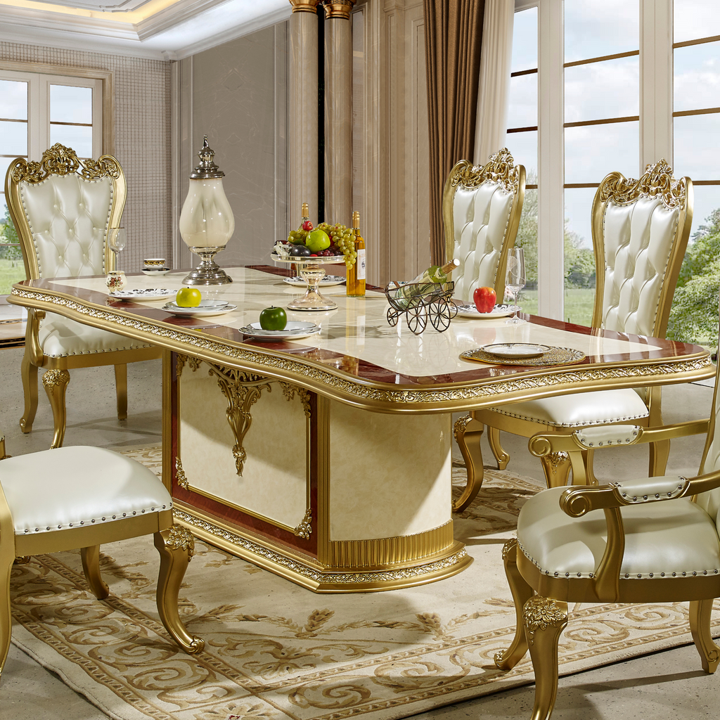 HD-5138-7PC Two tone ornate gold and cream finish top pedestal dining table set tufted high back chairs