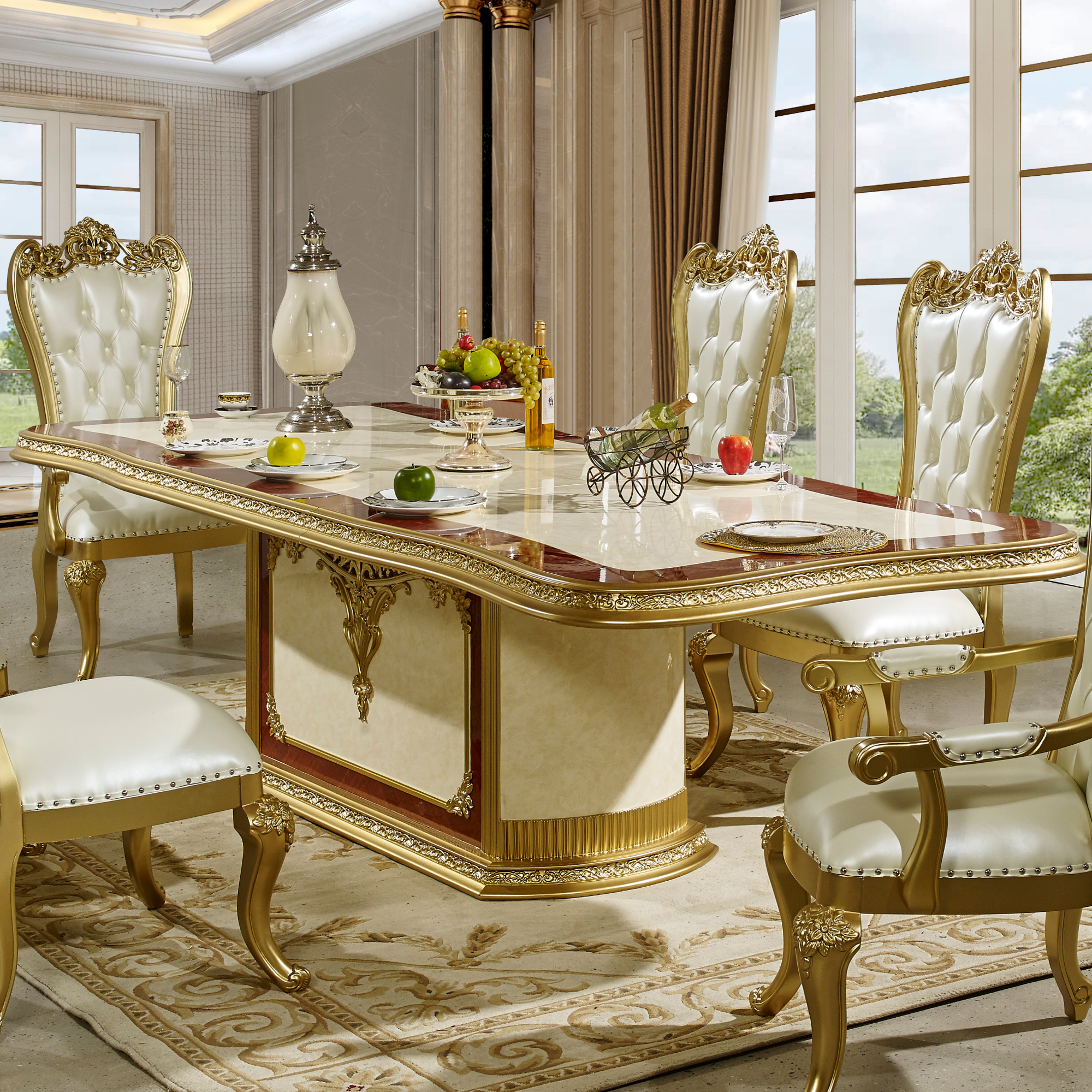 HD-5138-7PC Two tone ornate gold and cream finish top pedestal dining table set tufted high back chairs