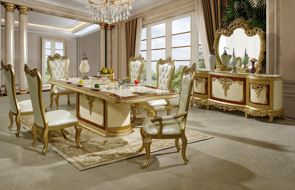 HD-5138-7PC Two tone ornate gold and cream finish top pedestal dining table set tufted high back chairs