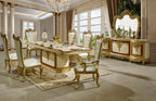 HD-5138-7PC Two tone ornate gold and cream finish top pedestal dining table set tufted high back chairs