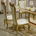 HD-5138-7PC Two tone ornate gold and cream finish top pedestal dining table set tufted high back chairs