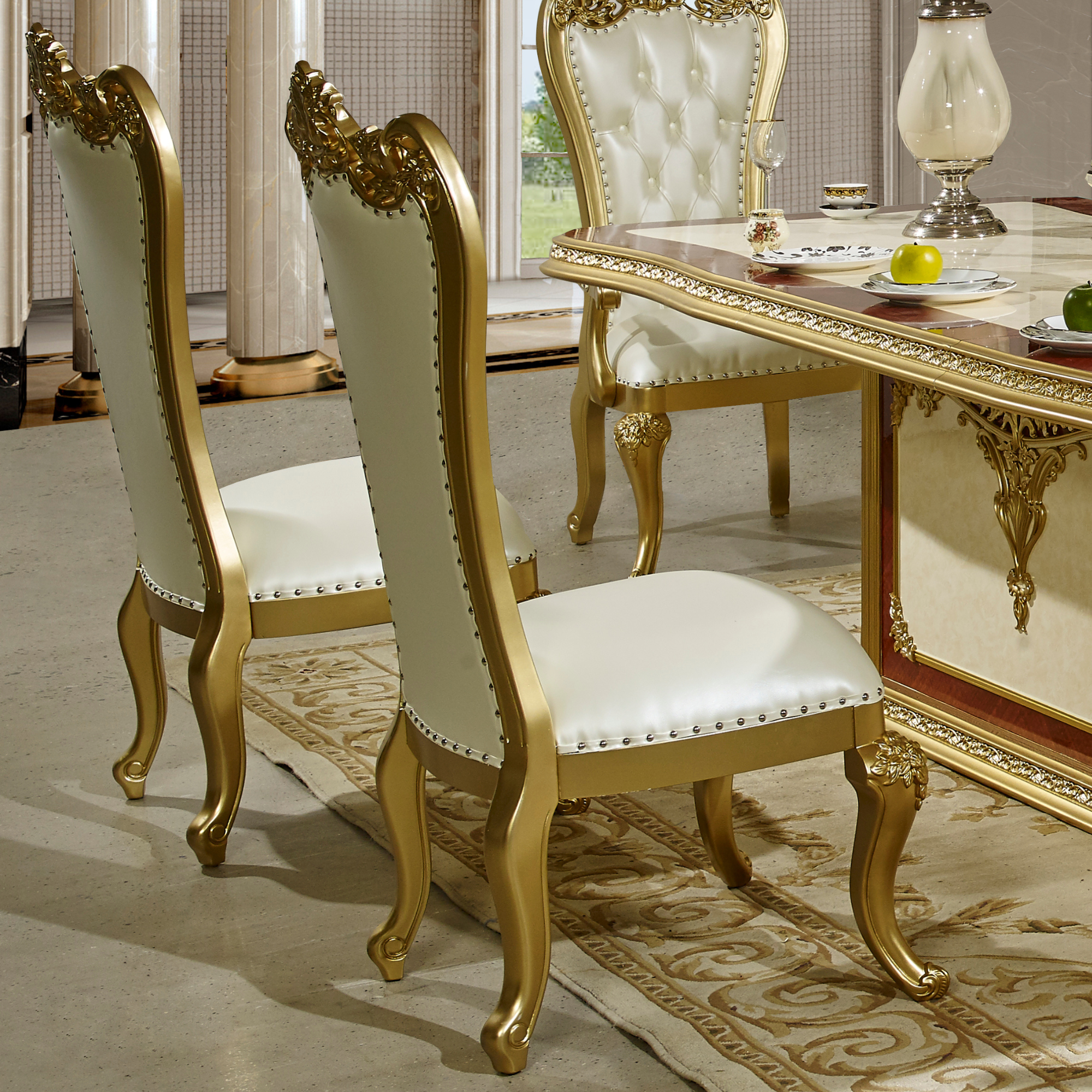 HD-5138-7PC Two tone ornate gold and cream finish top pedestal dining table set tufted high back chairs