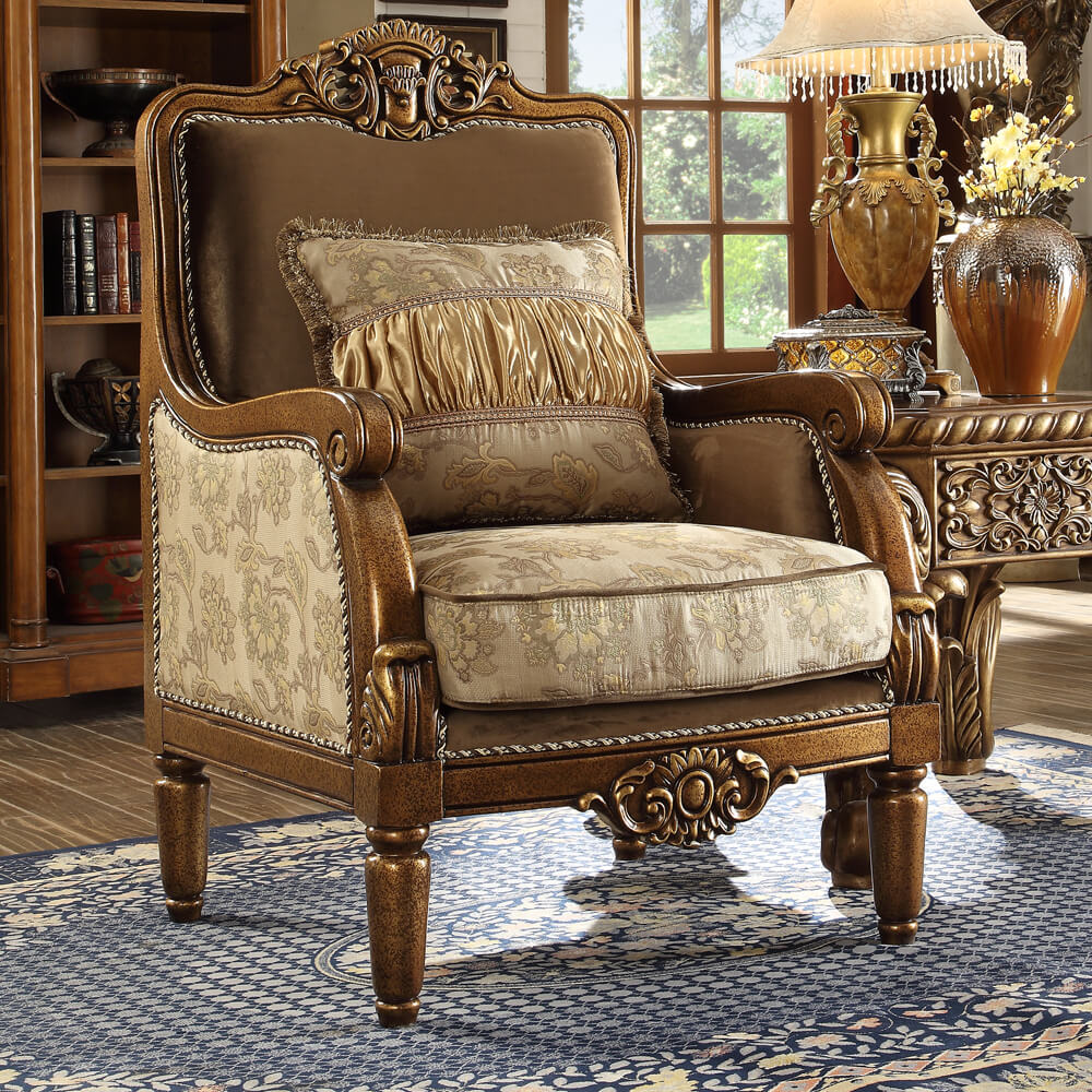 HD-610-3PC Antique gold finish wood and multi tone fabric upholstery ornate accents Sofa , love and chair living room set lark manor