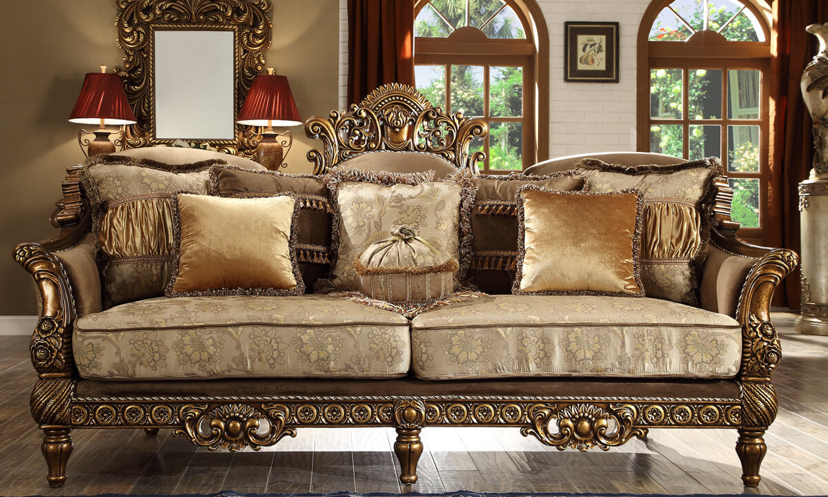 HD-610-3PC Antique gold finish wood and multi tone fabric upholstery ornate accents Sofa , love and chair living room set lark manor