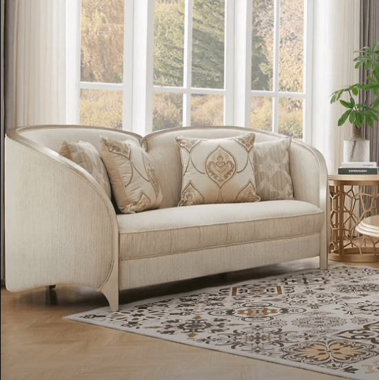 HD-7005-3PC Striking silver finish wood trim accents light colored chenille fabric upholstery Sofa , love and chair living room set