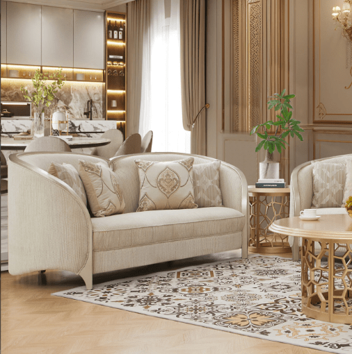HD-7005-3PC Striking silver finish wood trim accents light colored chenille fabric upholstery Sofa , love and chair living room set