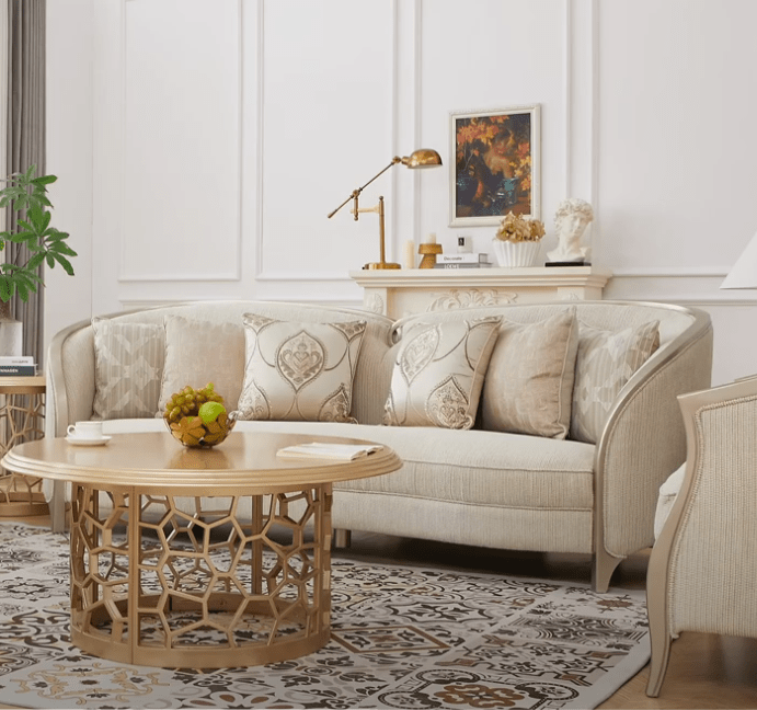 HD-7005-3PC Striking silver finish wood trim accents light colored chenille fabric upholstery Sofa , love and chair living room set