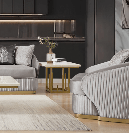 HD-7008-3PC Gold tone accents grey ribbed velvet fabric upholstery Sofa , love and chair living room set