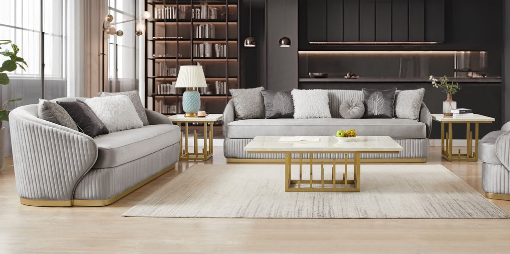 HD-7008-3PC Gold tone accents grey ribbed velvet fabric upholstery Sofa , love and chair living room set