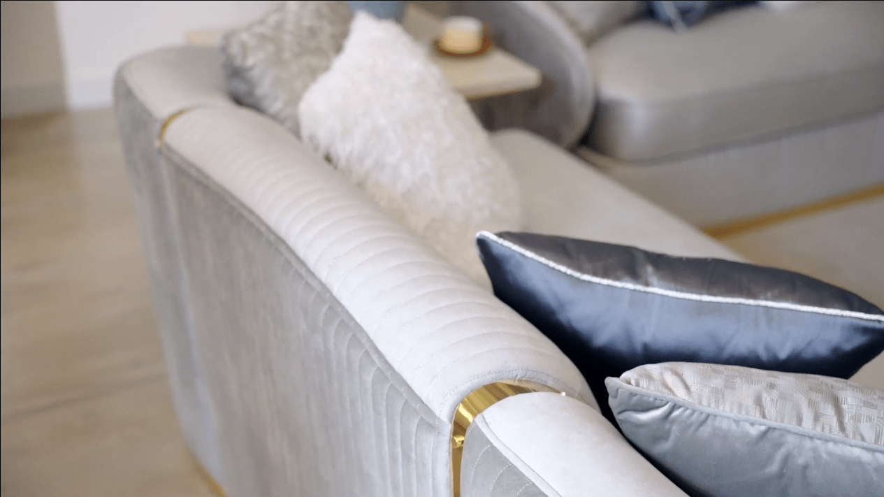 HD-7008-3PC Gold tone accents grey ribbed velvet fabric upholstery Sofa , love and chair living room set