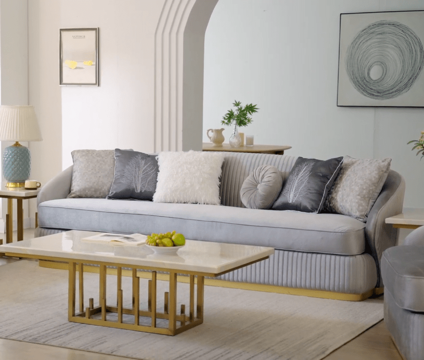 HD-7008-3PC Gold tone accents grey ribbed velvet fabric upholstery Sofa , love and chair living room set