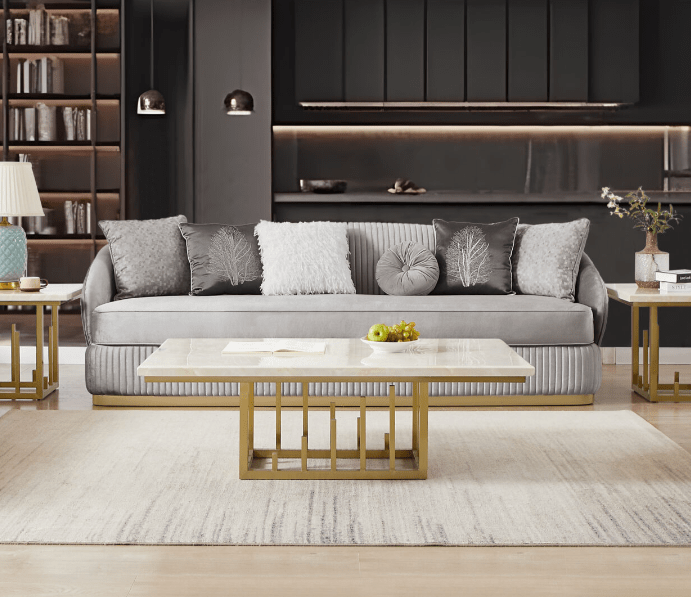 HD-7008-3PC Gold tone accents grey ribbed velvet fabric upholstery Sofa , love and chair living room set