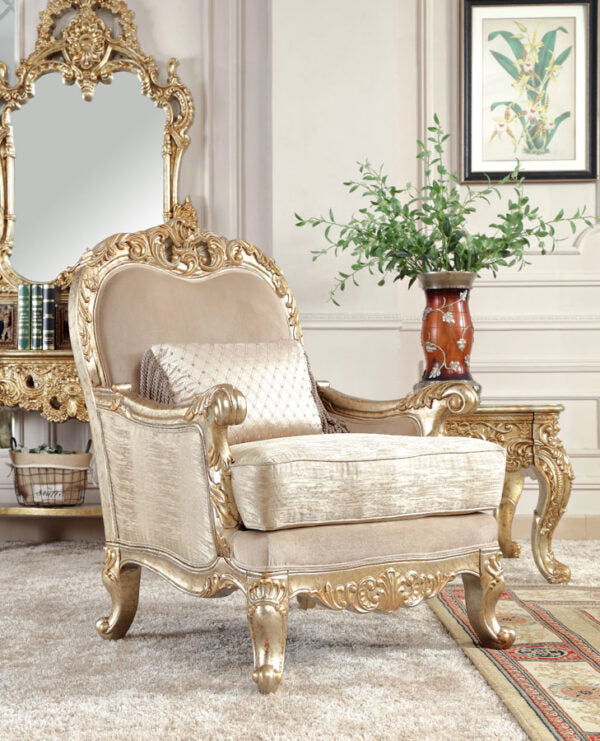 HD-8925-3PC Metallic antique gold champagne and Belle silver fabric upholstery High back Sofa , love and chair living room set