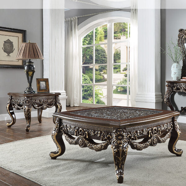 Homey Design HD-905-C-3PC Antique cherry with golden hue finish wood ornate coffee table and 2 - end table set