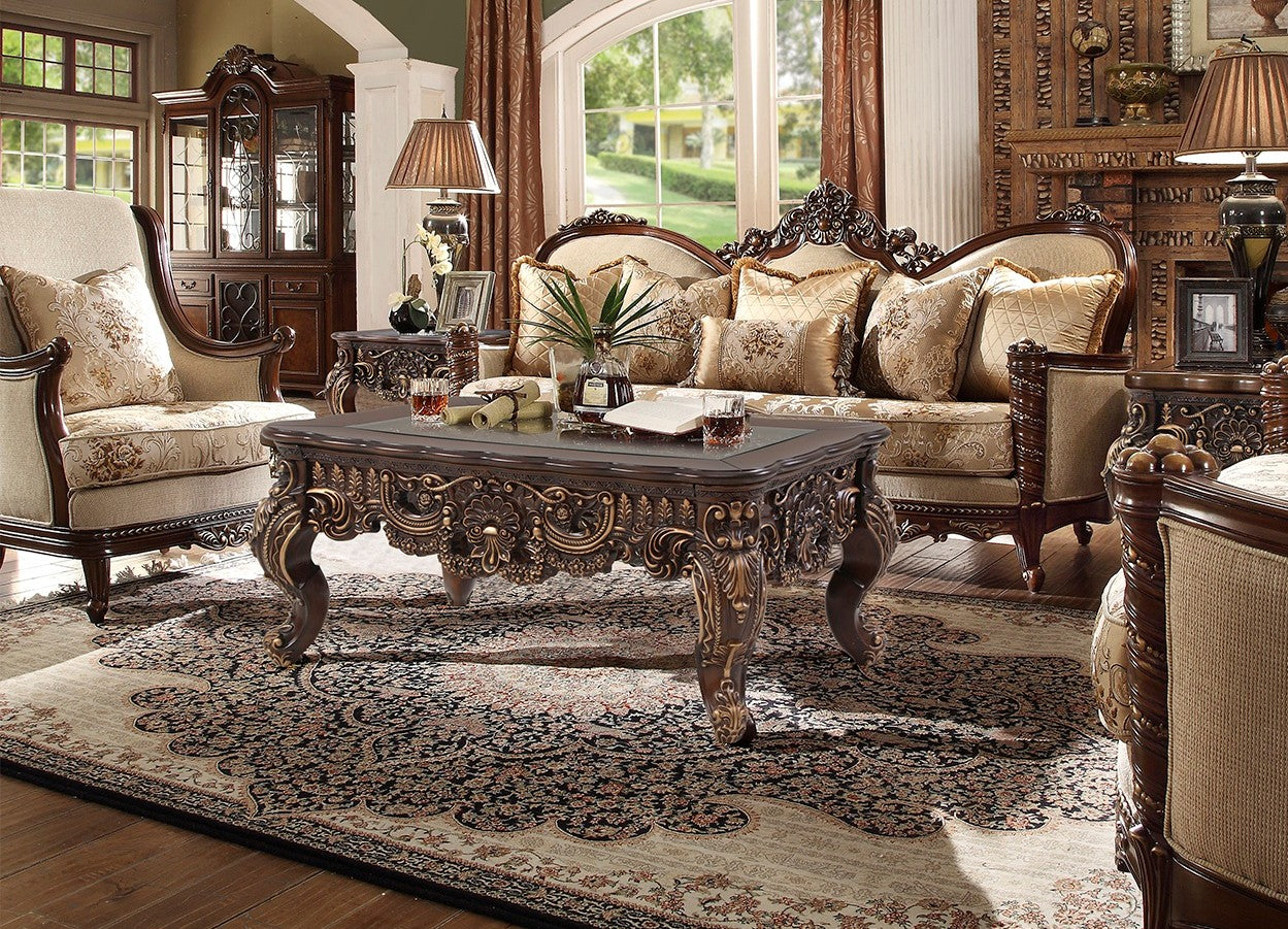 HD-92-3PC Extra dark walnut finish wood and multi tone fabric upholstery ornate accents Sofa , love and chair living room set lark manor