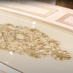 HD-1881-7PC Two tone ornate gold and cream finish top pedestal dining table set tufted high back tufted chairs