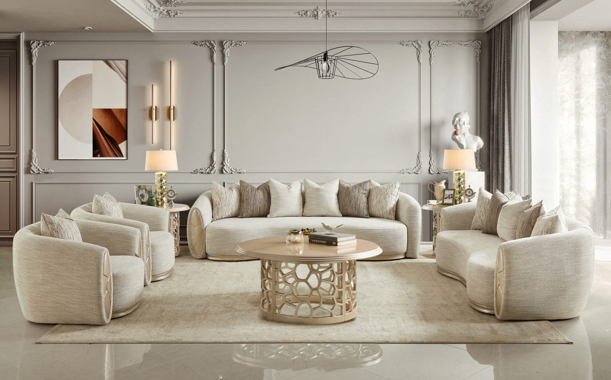 Beige Fabric 3-Piece Living Room Set with Rounded Arms and Gold-Tone Accents – HD-999-3PC