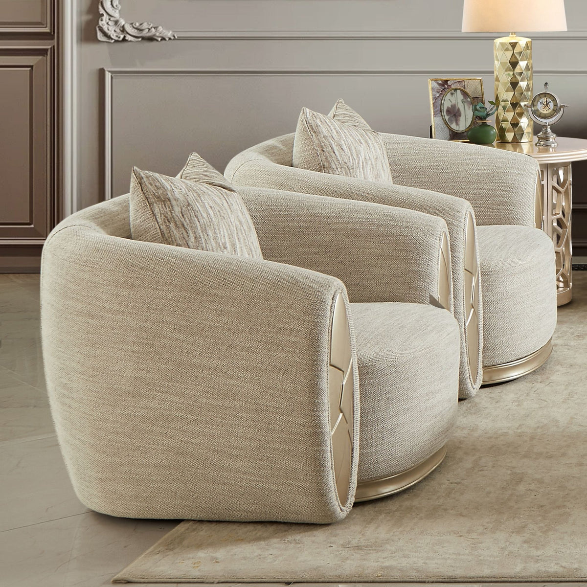 Beige Fabric 3-Piece Living Room Set with Rounded Arms and Gold-Tone Accents – HD-999-3PC