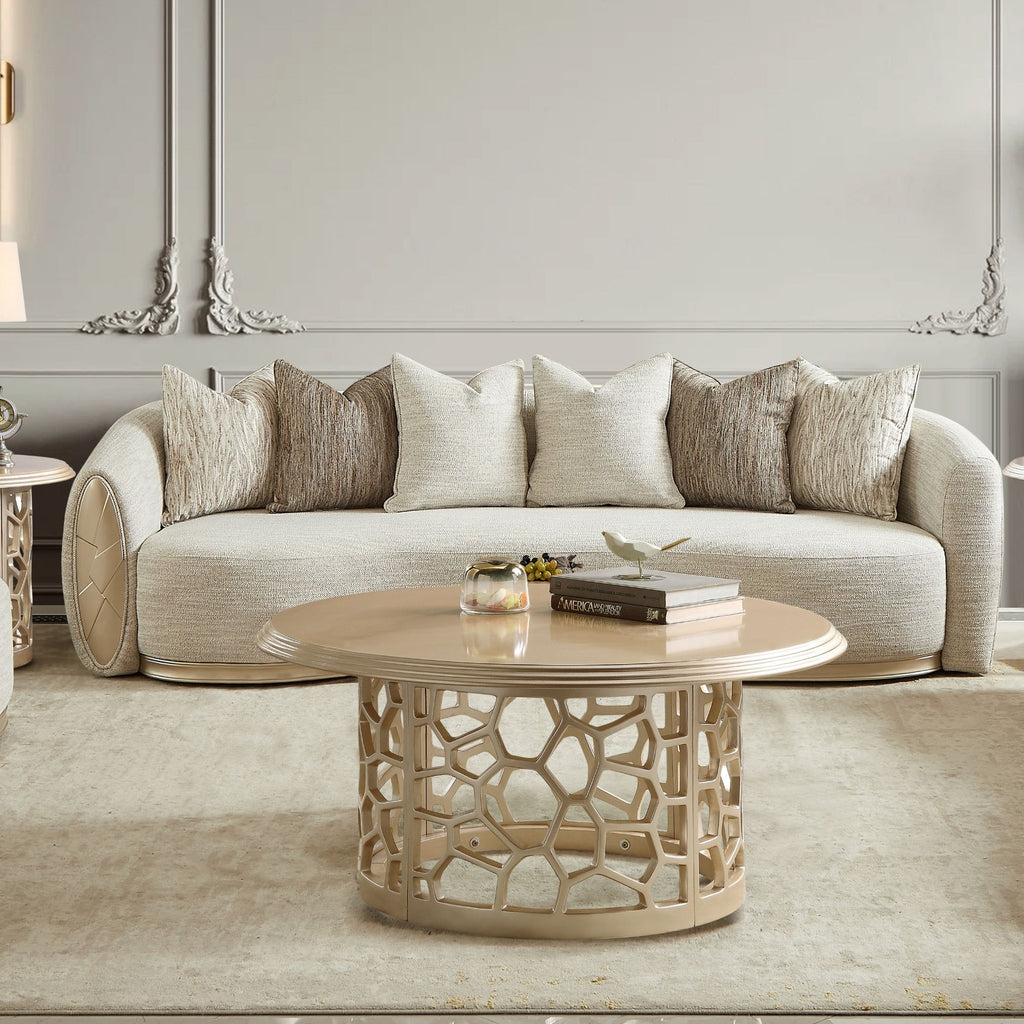 Beige Fabric 3-Piece Living Room Set with Rounded Arms and Gold-Tone Accents – HD-999-3PC