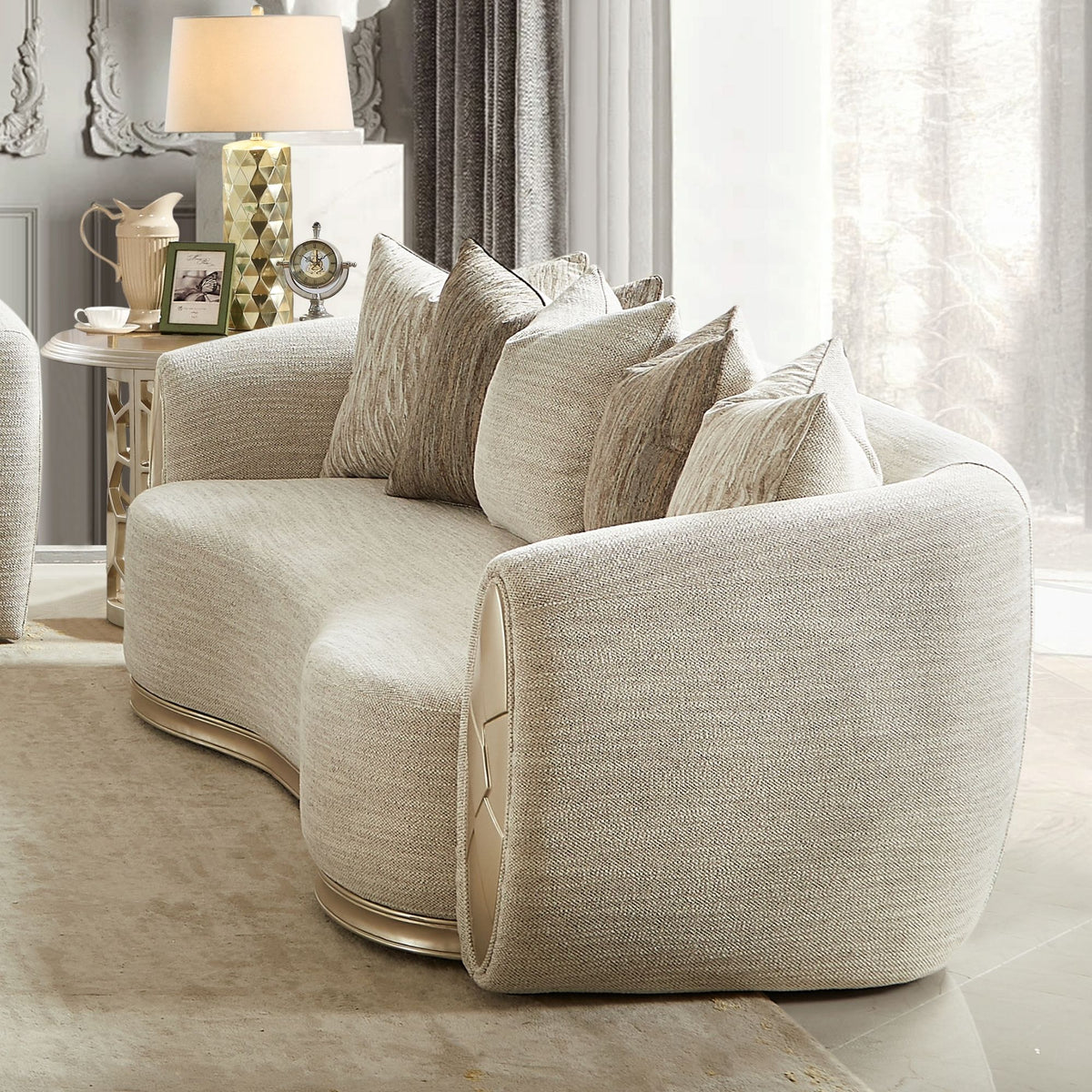 Beige Fabric 3-Piece Living Room Set with Rounded Arms and Gold-Tone Accents – HD-999-3PC
