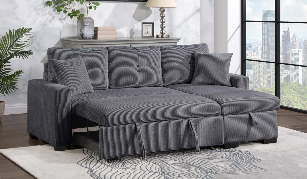 HM6530DG-SC  Winston porter cadence dark grey corduroy fabric sectional sofa with reversible storage chaise and pop up sleep area