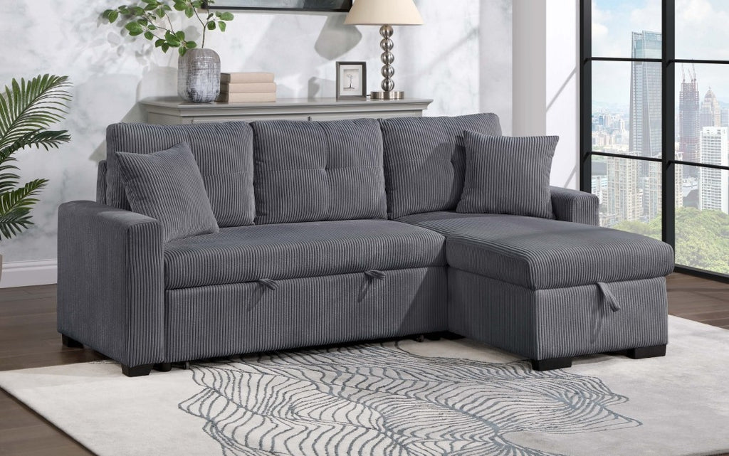 HM6530DG-SC  Winston porter cadence dark grey corduroy fabric sectional sofa with reversible storage chaise and pop up sleep area
