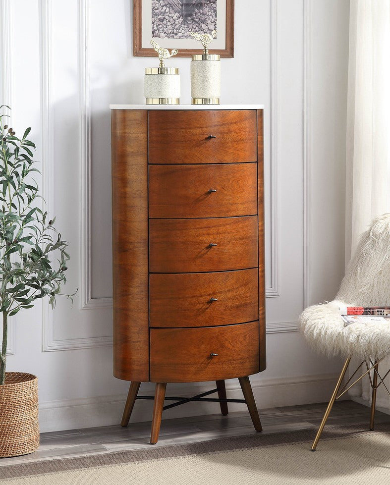 Homelegance HM7918 Penelope walnut finish wood 5 drawer tall chest rounded front mid century modern