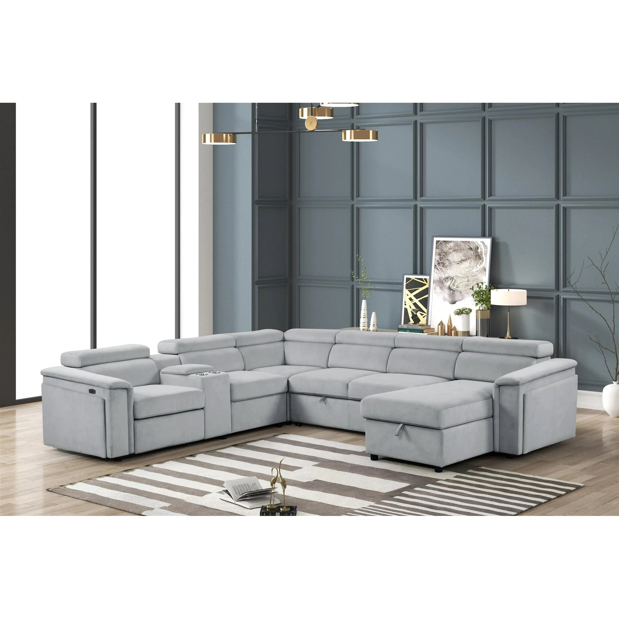 Harvey Grey Fabric 6-Piece Power Motion Sectional Sofa with USB, Storage Arm, Sleeper & Storage Chaise
