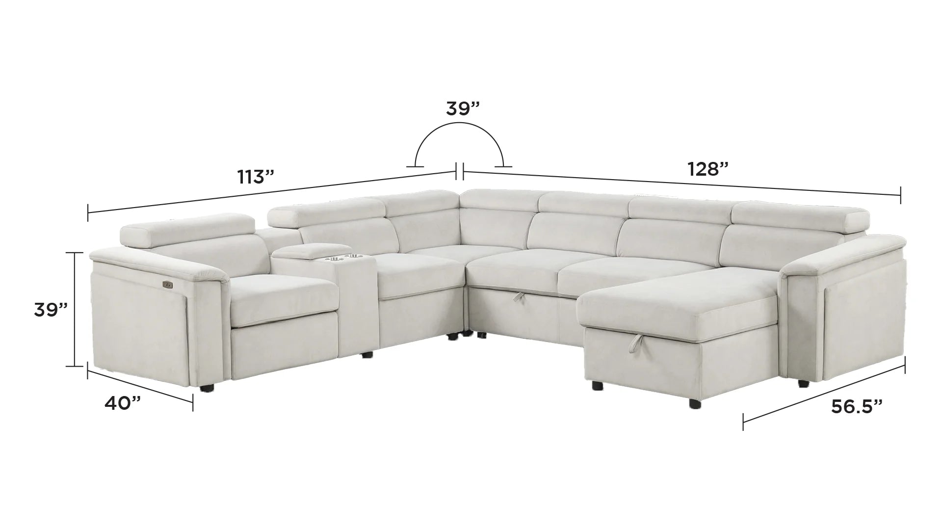 6 pc Harvey beige fabric power motion sectional sofa with usb charging storage arm sleeper and storage chaise
