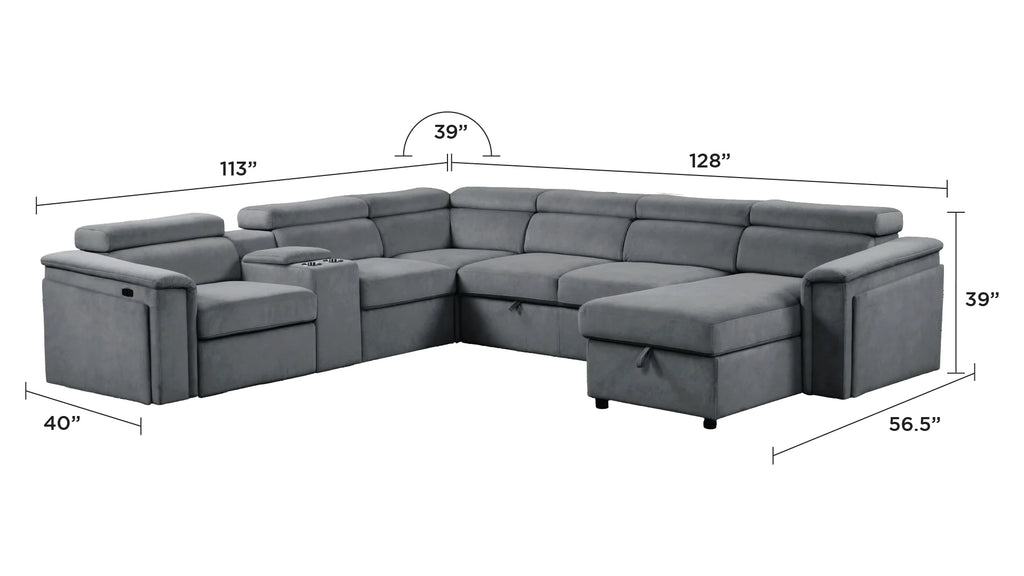 6 pc Harvey grey fabric power motion sectional sofa with usb charging storage arm sleeper and storage chaise