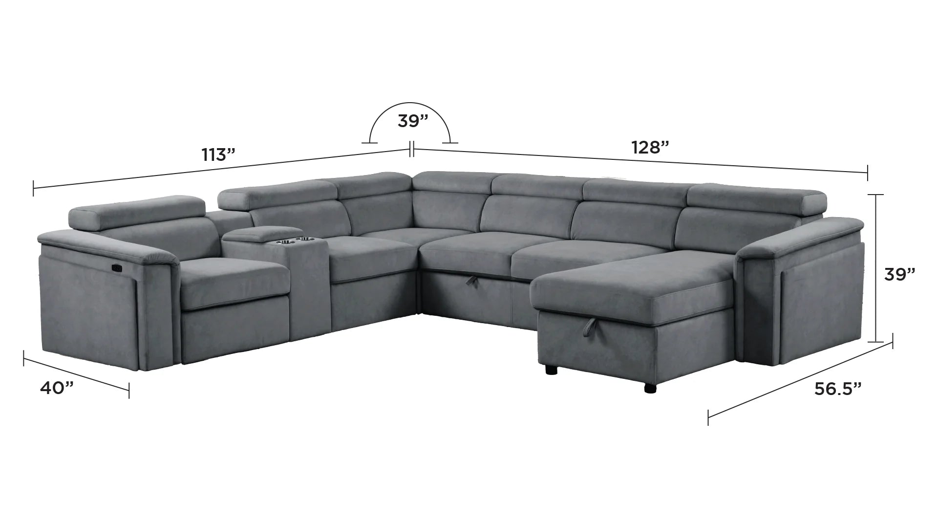 6 pc Harvey grey fabric power motion sectional sofa with usb charging storage arm sleeper and storage chaise